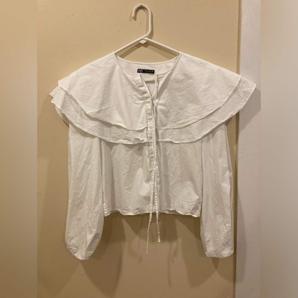 Zara Ruffle Collar Blouse Size Small White Cotton